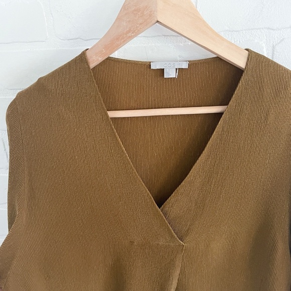 COS Blouse Half sleeve Ribbed Faux wrap Maroon/Green/Ocre Lagenlook V neck Sz L - Picture 7 of 14